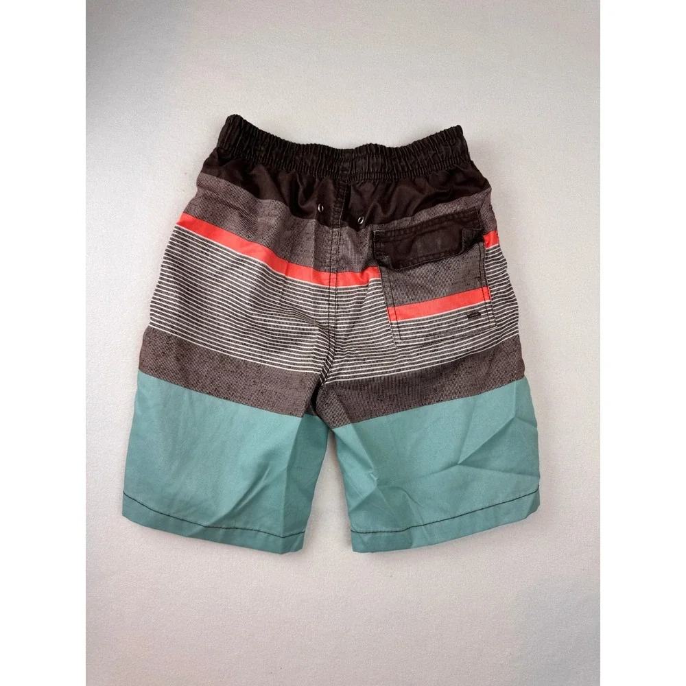 Nilua Surf Boys Swim Trunks Size 8 Gray Aqua Striped Mesh Lined Board Shorts